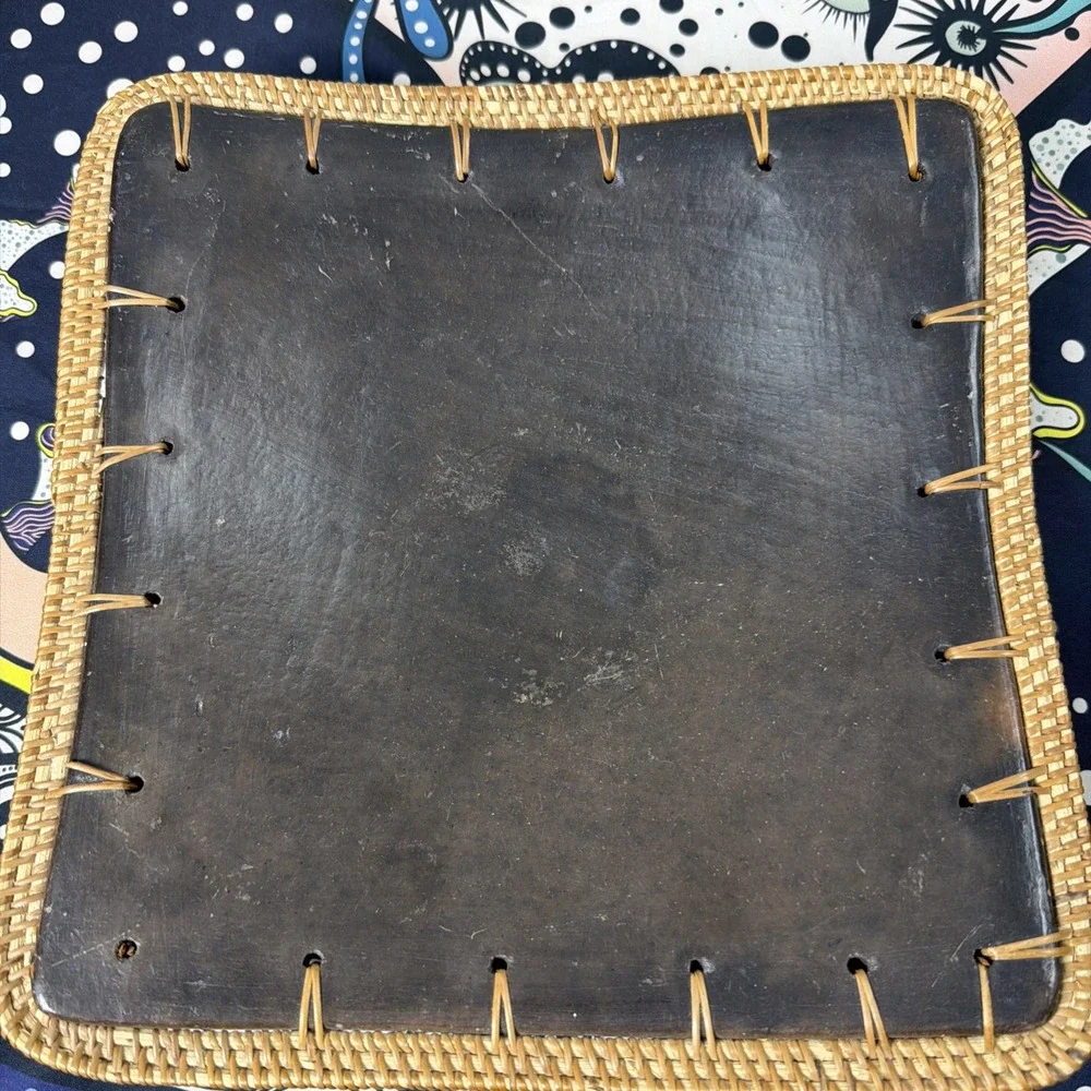 VTG Terracotta Square Centerpiece Plate Reed Trim Decor 9.5 Inches Brown BOHO